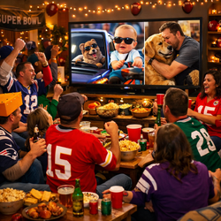 Imagine a bustling Super Bowl party scene filled with enthusiastic fans decked out in colorful team jerseys eyes glued to a large screen The atmospher-1-1