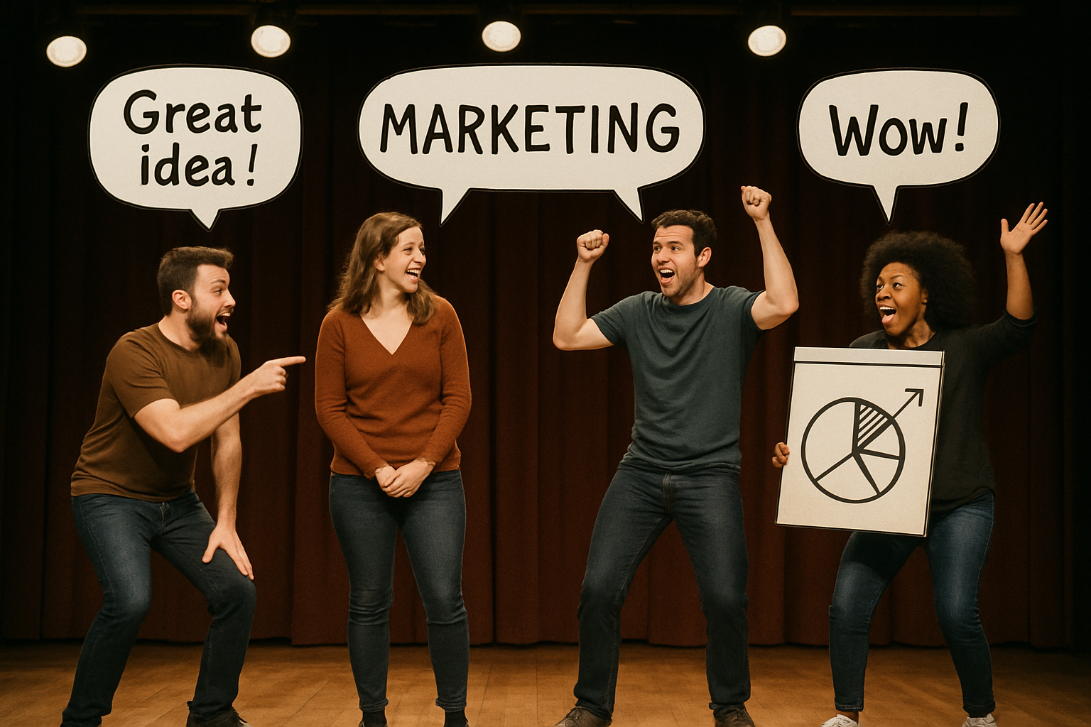an image of an improv group on stage acting out some funny marketing activity use word bubbles to help illustrate the scene